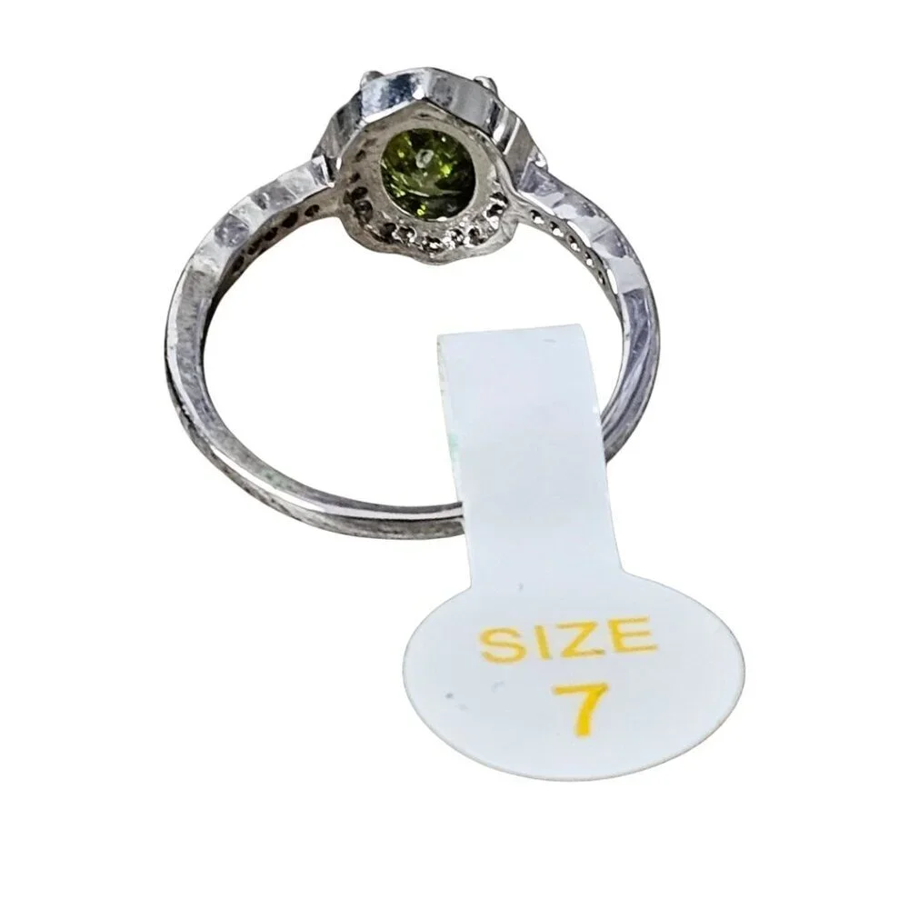 Silver Tone White Topaz Smokey Olive Tourmaline Halo Diamante CZ Ring New Size 7